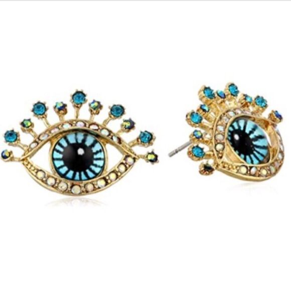 Betsey Johnson Eye Stud Earrings with Blue Crystals and Stones in Goldtone Metal - Picture 1 of 3